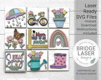 Spring Laser Cut Files, Spring Interchangeable Leaning Sign Bundle File SVG, Bike Flowers Rainbow Umbrella, Glowforge Laser Tiered Tray SVG