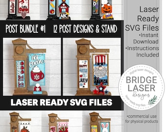 May include: A set of 12 laser-cut SVG files for creating wooden post designs. The designs include a variety of themes, such as "Tis the Season", "Hot Cocoa", "Happy 4th of July", "Welcome", "School", "Spooky", and more. The files are ready to be cut on a laser cutter and assembled into decorative posts.