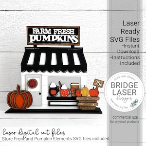 May include: Laser cut SVG files for a pumpkin stand with a sign that says "Farm Fresh Pumpkins". The stand has a black and white awning, a window with a fall leaf, and a shelf with a basket of pumpkins. There are also cups of coffee and hot chocolate on the shelf. The design is ideal for autumn crafts and decorations.