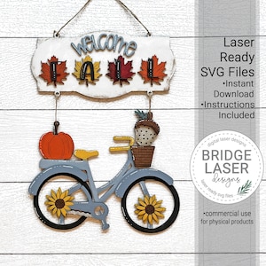 Fall Door Hanger Laser File, Fall Bike Laser Cut Design SVG, Fall Welcome Sign Laser File,Fall Bike Pumpkin Acorn Sunflower Leaves Laser SVG