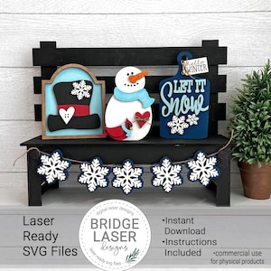 Sneeuwpop lasergesneden bestanden, winter verwisselbaar bankbord, sneeuwpop bank laserbestand SVG, vakantie verwisselbare SVG, sneeuwpop laserbestand