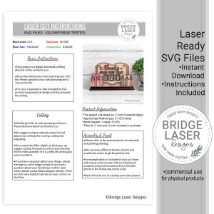 May include: A digital instruction sheet for laser cut SVG files featuring a heart-shaped book tracker design. The document includes text, colour-coded cutting guides, and product information for a 12.7 x 21.6 cm finished project by Bridge Laser Designs.