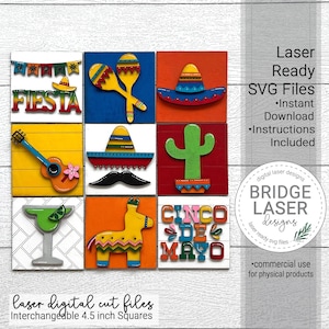 Cinco de Mayo lasergesneden bestanden, Fiesta verwisselbare scheve bordbundel SVG, Cinco de Mayo laserontwerpen, piñata, sombrero, cactus, gitaar