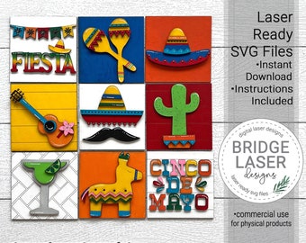 Könnte beinhalten: Ein Satz von neun 4,5 Zoll großen quadratischen Laserschneidedateien mit bunten Illustrationen verschiedener Designs zum Thema Cinco de Mayo, darunter ein Sombrero, Maracas, ein Kaktus, eine Gitarre, ein Margarita-Glas, eine Piñata und die Worte "Cinco de Mayo".