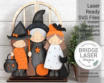 Halloween Witch Shelf Sitter SVG Laser Cut File, Witch Trio Stand, Glowforge & xTool ready, Interchangeable Halloween Witch Digital Download