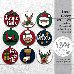 Arquivo de corte a laser de enfeite de Natal 2, SVG de enfeite de Natal, Papai Noel, Sra. Noel, Rena, Arquivo de corte a laser de Natal, SVG a laser de Natal