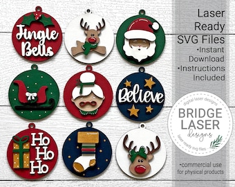 Christmas Ornament 2 Laser Cut File, Christmas Ornament SVG, Santa, Mrs. Claus, Reindeer, Christmas Laser Cut File, Christmas Laser SVG