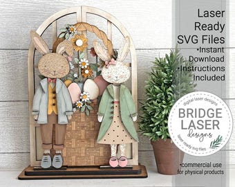 Archivo SVG de corte láser para soporte de conejito de Pascua, soporte para trío de Pascua, compatible con Glowforge xTool Lightburn, decoración de Pascua intercambiable