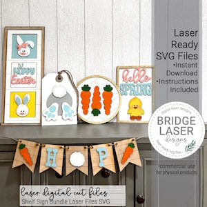 Easter Laser Cut Files, Easter Shelf Sign Bundle SVG, Easter Laser Files SVG, Leaning Frame Laser File, Easter Sign Banner Tag Laser SVG