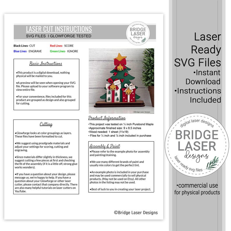 May include: A digital instruction sheet for laser cut SVG files featuring a green Christmas tree with red bows and gold bells, two gift boxes, and text detailing cutting, assembly, and paint instructions for a 9 x 8.5 inch project.
