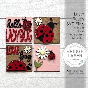 Lady Bug quatre carrés découpés au laser, Lady Bug signe interchangeable au laser SVG, dessins au laser d'été, bonjour Lady Bug fleur Lady Bug laser