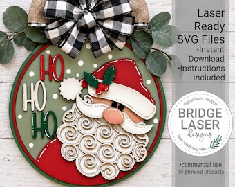 Archivo de corte láser para colgador de puerta navideño, SVG redondo para puerta navideña, colgador de puerta listo para láser, SVG de letrero navideño, SVG de Papá Noel para láser