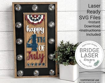 4th of July Laser Cut File, Happy 4th of July Interchangeable Light Sign, Patriotic Farmhouse Laser SVG, Independence Bistro Light Frame SVG