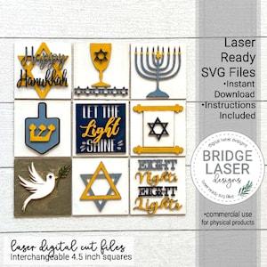 Joyeux Hanoucca neuf carrés interchangeables Design découpé au Laser, fichier SVG de signe penché plateau à plusieurs niveaux de Hanoucca, vacances carrés SVG interchangeable