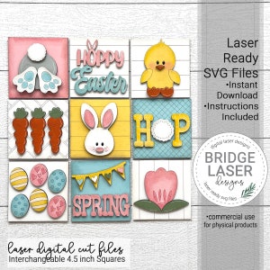 May include: Set of nine 4.5 inch square laser cut SVG files for an Easter themed interchangeable sign. The squares feature images of a bunny, chick, carrots, eggs, spring banners, a flower, and the words "Hoppy Easter" and "Spring".