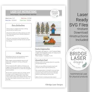 May include: A digital instruction sheet for laser cut SVG files featuring text, a color-coded legend, and a photograph of finished wooden seasonal decor including a scarecrow, corn stalks, and pumpkins. The document includes assembly and cutting tips.