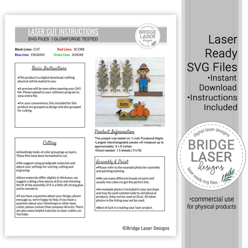 May include: A digital instruction sheet for laser cut SVG files featuring text, a color-coded legend, and a photograph of finished wooden seasonal decor including a scarecrow, corn stalks, and pumpkins. The document includes assembly and cutting tips.