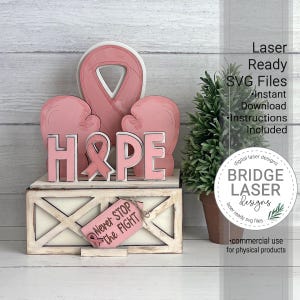 May include: A decorative wooden display featuring a large pink awareness ribbon, two pink boxing gloves, and the word HOPE with a small ribbon icon. A rectangular base with a cross-hatch pattern holds a tag that reads Never Stop the Fight.