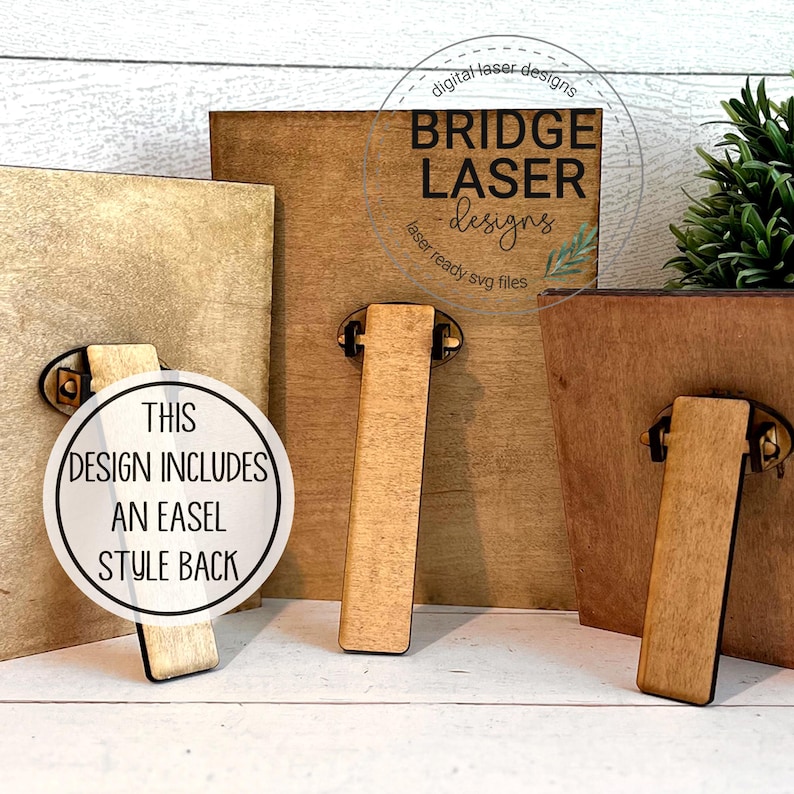 May include: Three wooden signs with easel backs. The signs are blank and ready to be customized. The signs are made of light brown wood and have a natural finish. The text on the sign reads "This design includes an easel style back".