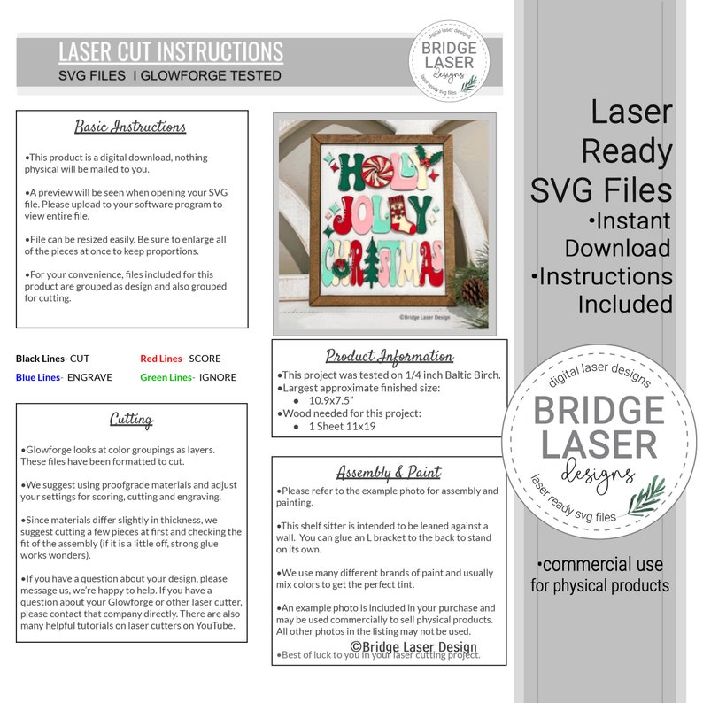 May include: A digital instruction sheet for laser cut SVG files featuring a colorful Holly Jolly Christmas sign. The document includes sections for basic instructions, product information, and assembly, with text detailing cut, score, and engrave lines.