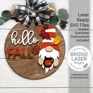 Fall Gnome Door Hanger Laser File, Fall Laser Cut File, Fall Gnome Sign, Fall Welcome Sign Laser Cut SVG, Fall Door Hanger SVG, Hello Fall