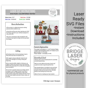 Op de afbeelding: Een digitaal instructieblad voor lasergesneden SVG-bestanden met een vuurtoren, palmbomen, een zeilboot en een strandbord. Het document bevat secties voor basisinstructies, snijden, productinformatie en stappen voor montage en schilderen.