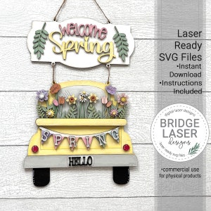 Frühling Türschild Laserdatei, Frühling Bauernhof LKW Laser Cut Design SVG, Frühling Willkommensschild Laserdatei, Frühlingsblume LKW-Schild Laserschnitt