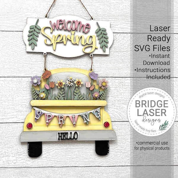 Spring Door Hanger Laser File, Spring Farm Truck Laser Cut Design SVG, Spring Welcome Sign Laser File, Spring Flower Truck Sign Laser Cut