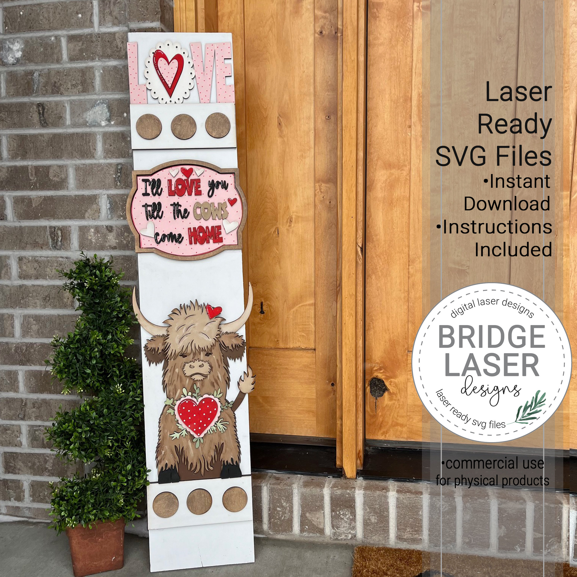 Valentine Porch Leaner Sign Laser Cut File, Highland Cow