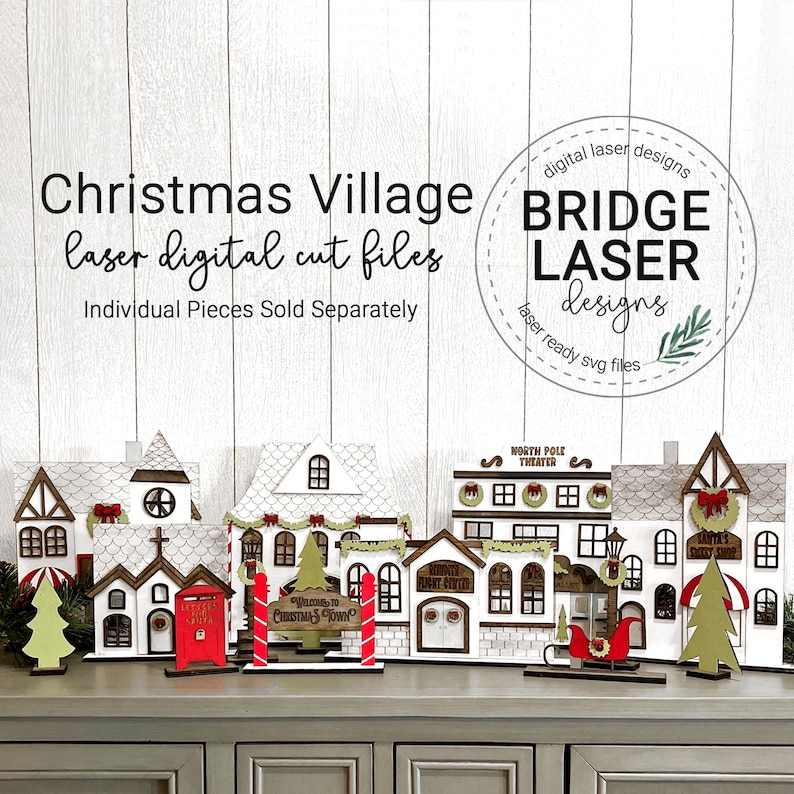 May include: A set of laser cut Christmas village buildings, including a church, a theater, a gift shop, and a welcome sign. The buildings are made of wood and painted white with red accents. The set is designed for crafting and decorating.