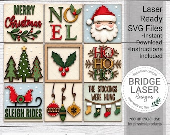 Christmas Laser Cut Designs, Christmas Interchangeable Leaning Sign Bundle File SVG, Glowforge Tiered Tray Holiday SVG, Christmas Squares