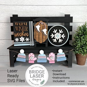 Zimowy plik laserowy, zimowy znak ławki wymiennej, zimowy dom wiejski laser SVG, wymienny świąteczny SVG, sanki śnieżne SVG
