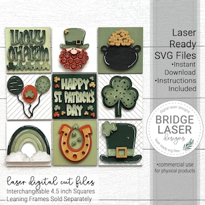 Puede incluir: Conjunto de ocho archivos SVG de corte láser de 4,5 pulgadas cuadradas con diseños temáticos del Día de San Patricio. Los diseños incluyen un duende, una olla de oro, un trébol, una herradura, un arcoíris y la frase "Feliz Día de San Patricio".