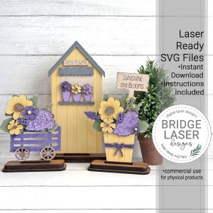 May include: Wooden laser-cut decorative pieces featuring a yellow flower shop, a cart, and a flower pot, all adorned with yellow and purple flowers. The sign reads "SUNSHINE and BLOOMS". The image also includes the text "Laser Ready SVG Files".