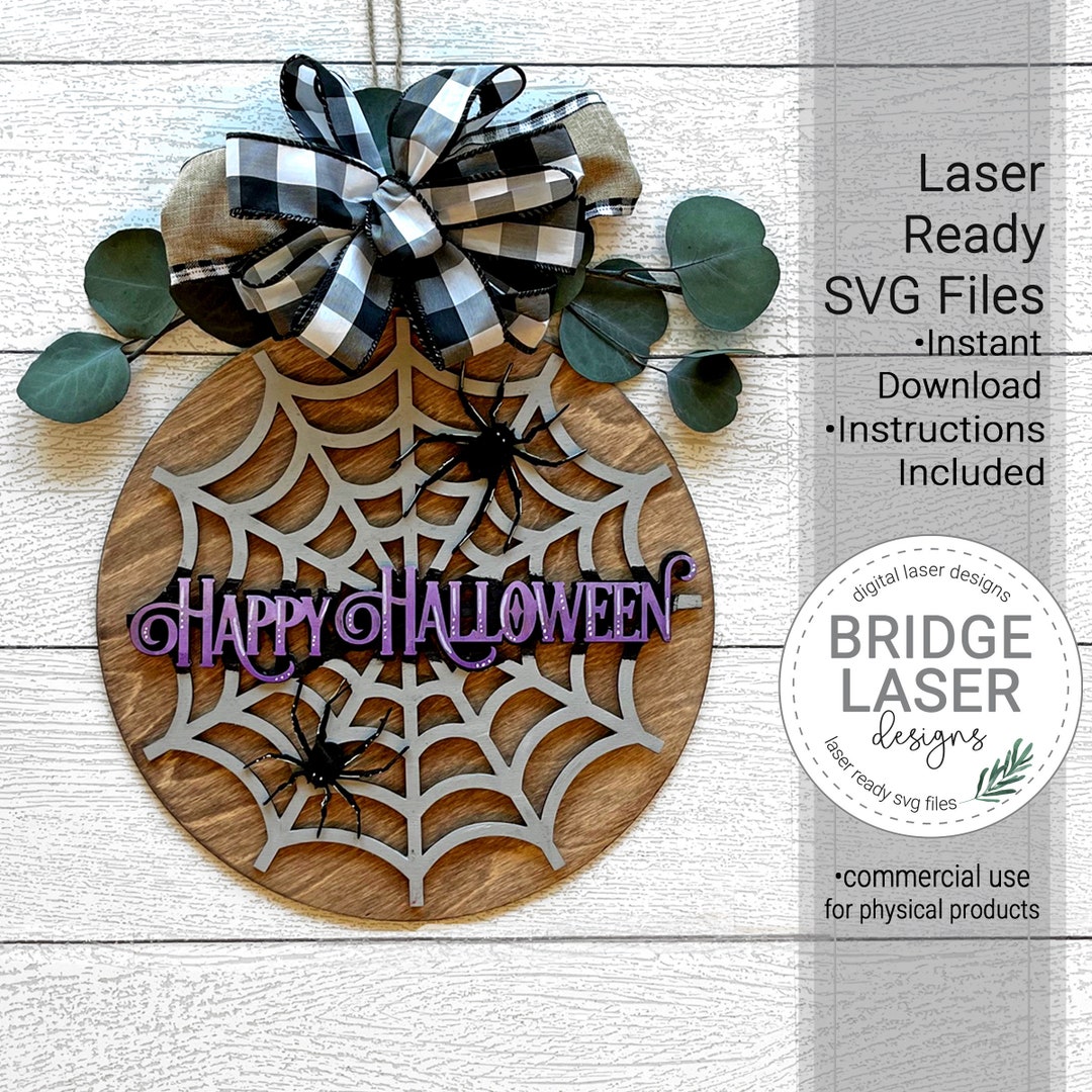 Happy Halloween Door Hanger Laser File, Spider Web Laser Cut Design SVG ...