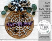 Happy Halloween Door Hanger Laser File, Spider Web Laser Cut Design SVG, Happy Halloween Welcome Sign Laser Cut File, Halloween Round Sign