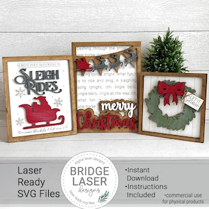 Kerst lasergesneden bestanden, kerst 3 tekenbundel laser-SVG, boerderij kerstlaserbestanden, kerst welkomstbord laserbestanden, slee