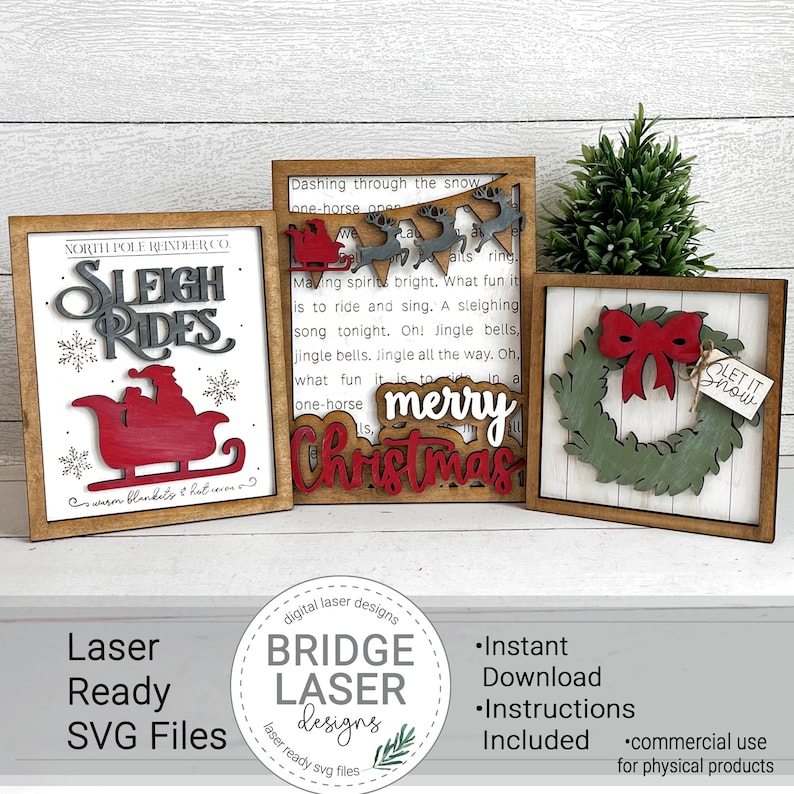 Christmas Laser Cut Files, Christmas 3 Sign Bundle Laser SVG, Farmhouse Christmas Laser Files, Christmas Welcome Sign Laser Files, Sleigh image 1