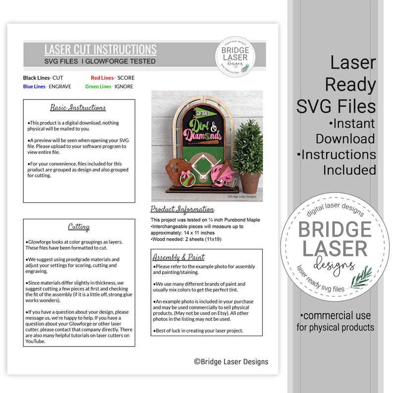 May include: A digital instruction sheet for laser cut SVG files featuring a softball-themed display with a baseball diamond, glove, and bat. The document includes sections for basic instructions, cutting, and assembly, with text detailing file usage.