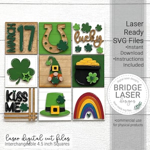 St Patrick's Laser Cut Files, St Patrick's Interchangeable Leaning Sign Bundle File SVG, Glowforge, Laser St Patrick's Day Tiered Tray SVG