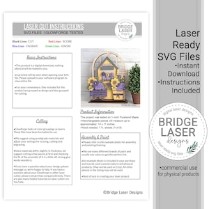 May include: A digital download image of laser-cut instructions for SVG files. The image includes a decorative wooden house with a cart, flowers, and text that reads "Sunshine and Blooms." The project is tested on 1/4 inch Purebond Maple and measures approximately 14 x 11 inches.