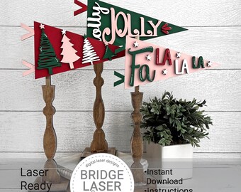 Christmas Pennant Laser Cut File, Christmas Interchangeable Pennant Laser SVG,  Set of 3 Pennants, Christmas Laser File, Laser Pennant File