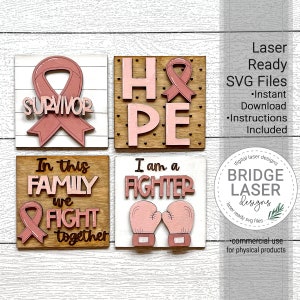 Quatre carrés de cancer découpés au Laser, survivant du cancer interchangeables penchement échelle signe Bundle SVG, SVG de laser interchangeable carrés cancer