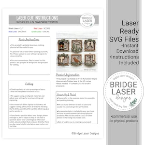 Puede incluir: Una hoja de instrucciones digital para archivos SVG de corte l&aacute;ser con seis adornos cuadrados de madera con varios dise&ntilde;os. El documento incluye encabezados de texto, instrucciones b&aacute;sicas, pautas de corte, informaci&oacute;n del producto y consejos de montaje.
