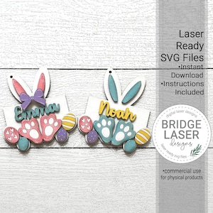 File laser con tag pasquali, file di taglio laser tag nome cestino pasquale, file di taglio laser pasquale SVG, tag orecchie coniglietto pasquale SVG, tag nome personalizzati