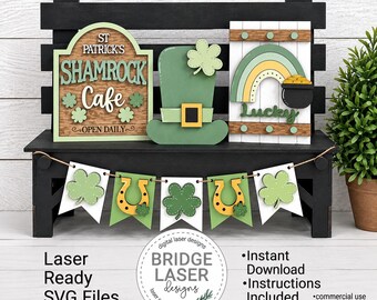 St. Patrick's Laser Cut File, St Patricks Day Interchangeable Bench Sign, Farmhouse Spring Laser SVG, Holiday Interchangeable Laser File SVG
