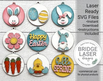 May include: A set of nine laser-cut SVG files featuring spring and Easter themes. The designs include a bunny, a chick, a gnome, carrots, a flower, eggs, and text that says "Happy Easter" and "Hello Spring".