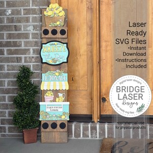 May include: A wooden sign with a lemon theme. The sign has multiple sections with the words "Squeeze the Day", "Lemonade", and "Farm Fresh Lemons". The sign also features a basket of lemons, a lemonade stand, and a pitcher of lemonade. The sign is laser-ready SVG files.