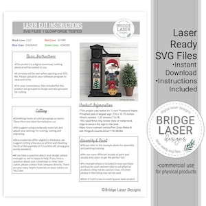 May include: A digital instruction sheet for laser cut SVG files featuring a black post sign with a Santa Claus cutout, a red bow, and a bell. The document includes sections for basic instructions, cutting, product information, and assembly.