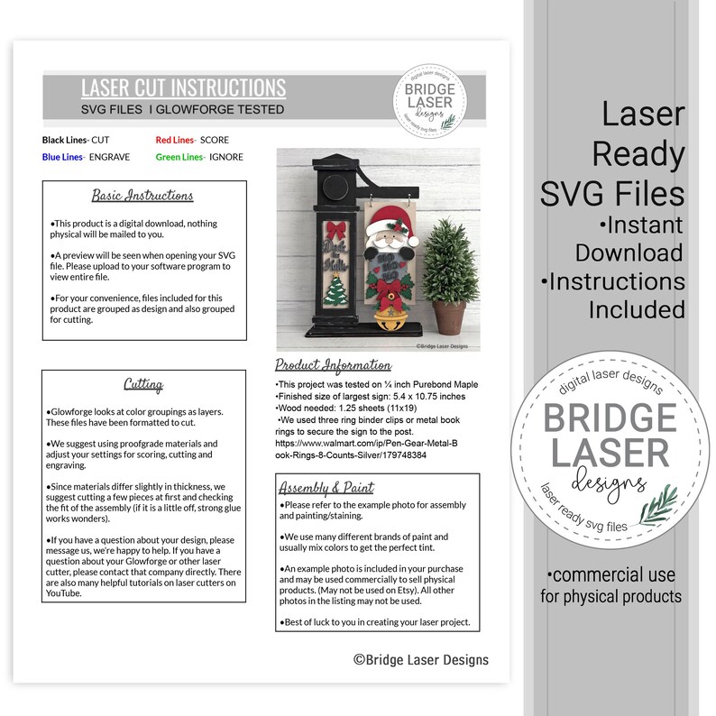 May include: A digital instruction sheet for laser cut SVG files featuring a black post sign with a Santa Claus cutout, a red bow, and a bell. The document includes sections for basic instructions, cutting, product information, and assembly.